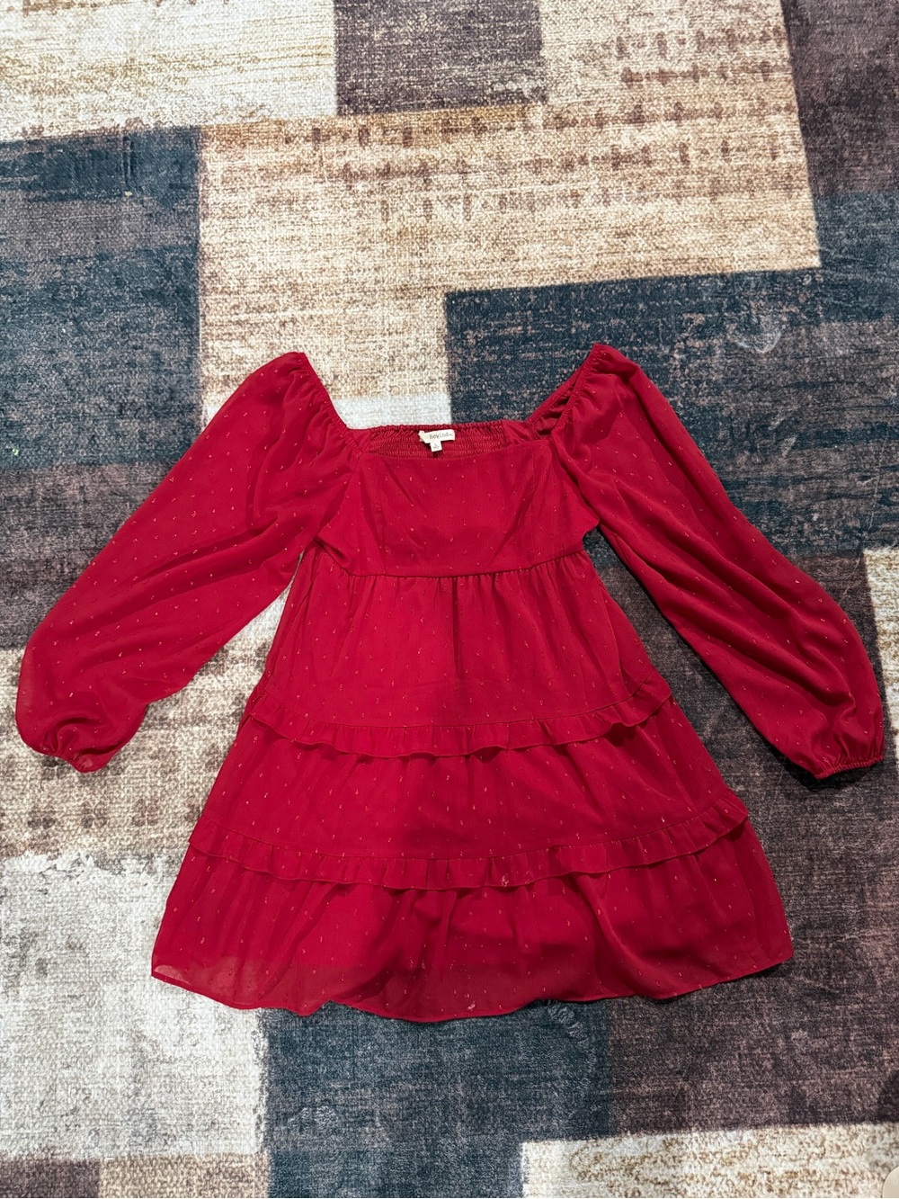 Rewind Red Tiered Long-Sleeve Square Neck Dress with Metallic Dots